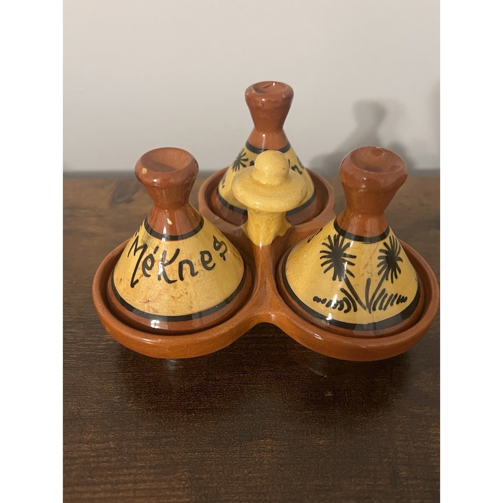 Vintage‎ Pottery Three Spice Holder, Moroccan Tagine Salt Pepper Cumin Curry